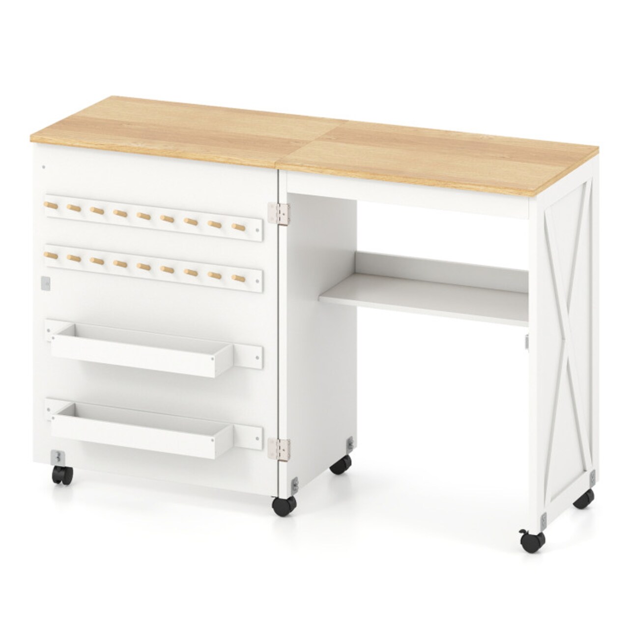Natural - White Folding Sewing Table with Storage Shelf and 5 Lockable Wheels